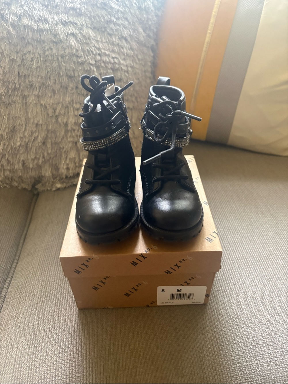 Mix It Black Kids Combat Boots with Rhinestone Strap